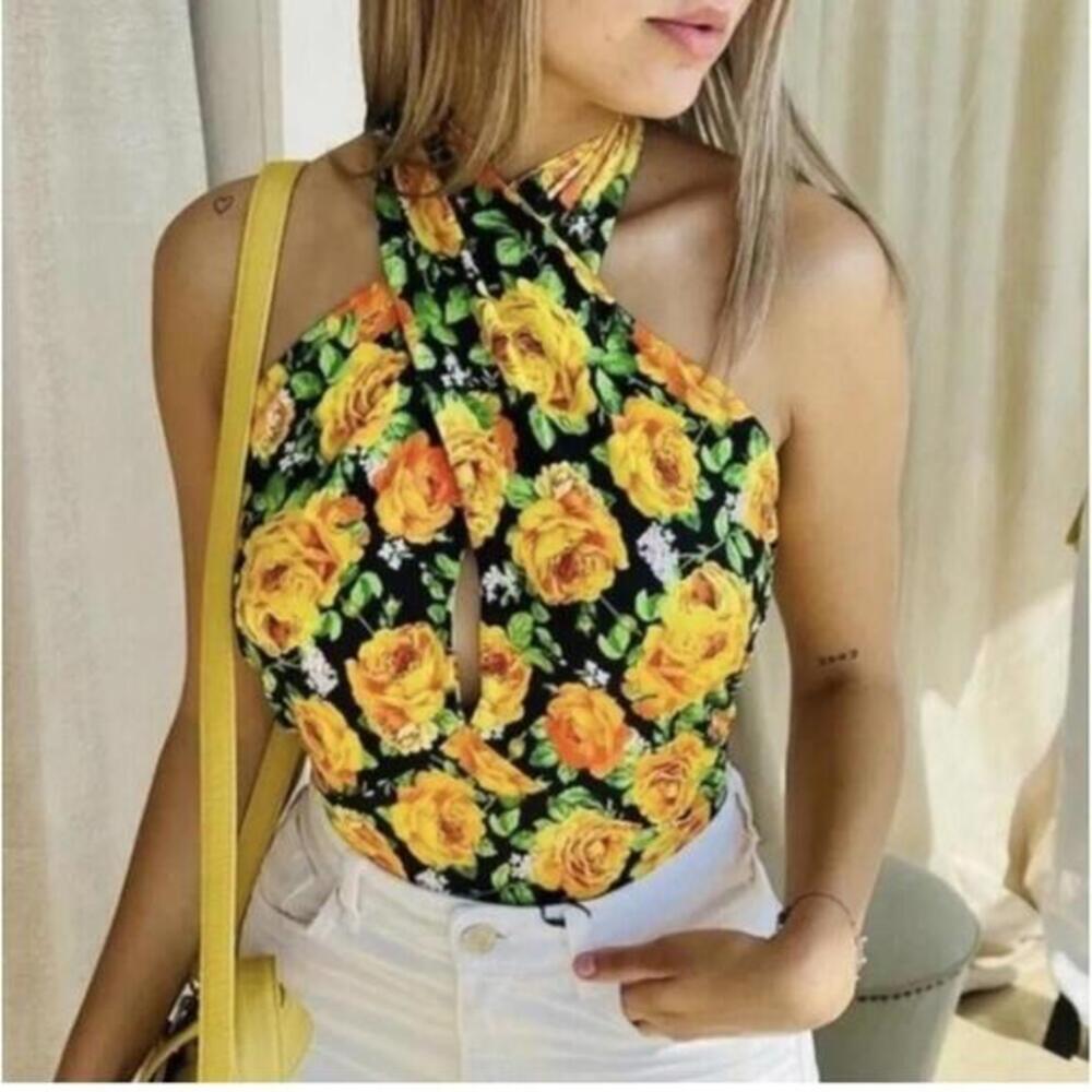 Zara Twist Neck Floral Halter Top Bodysuit Size Small . Roses. NWOT